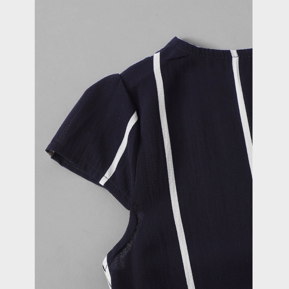 Vertical Striped Surplice V-Neck Tie Belt Romper - Picture 6 of 8